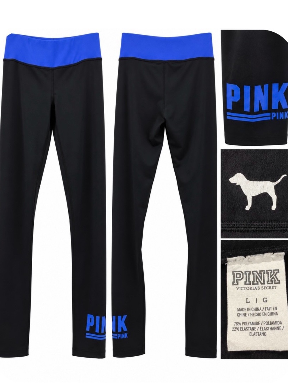 PINK Victoria's Secret Black Womens’s Leggings with Blue Waistband and Logo  L